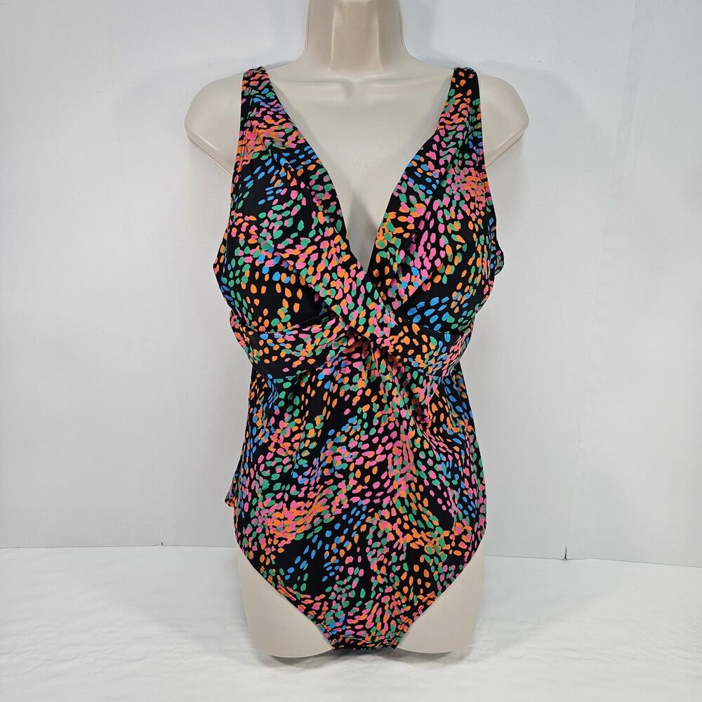 Band of the Free Neon Dot Plunge One Piece Swimsuit US14 Ruched Tummy Control XL